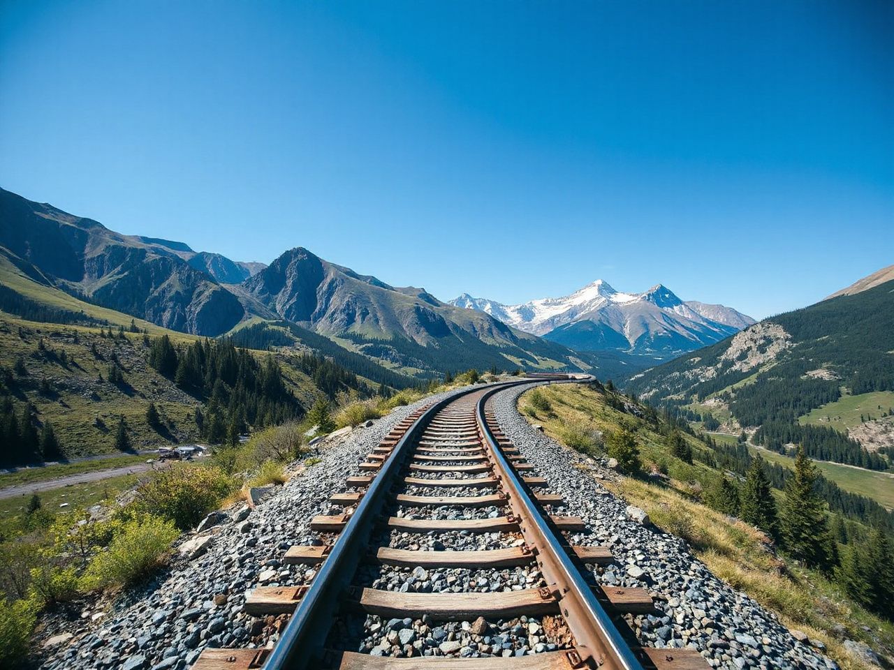 A scenic railway track winding through the Rocky Mountains under a bright blue sky