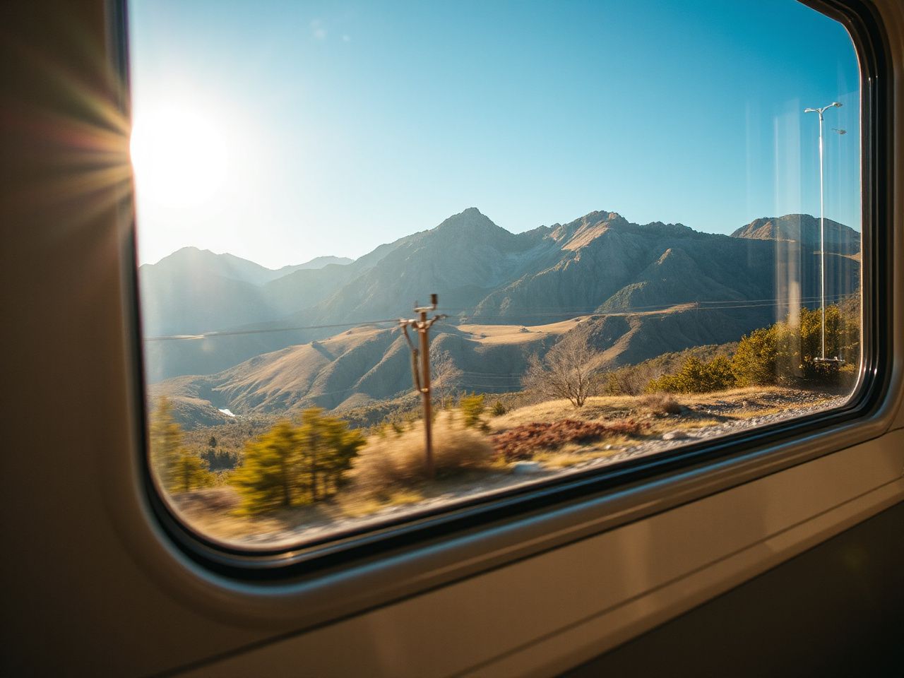 A sunlit mountain range viewed from a train window, highlighting scenic natural beauty along the route