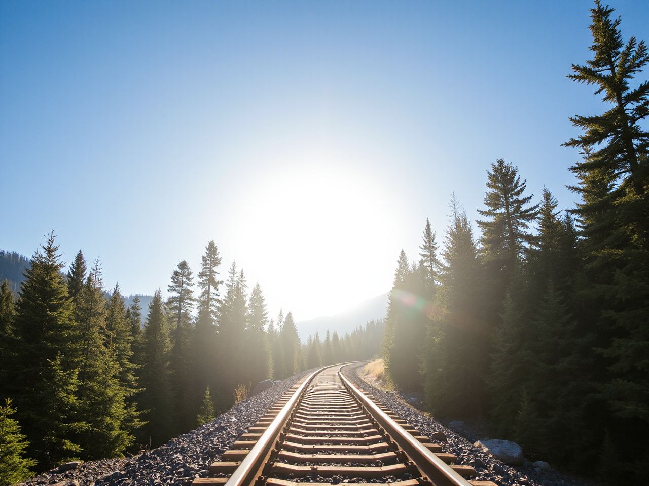 Sunlit mountain railway track winding through pine forests under a clear blue sky during daytime