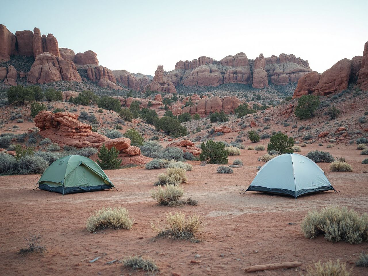 Quiet desert campsite with tents pitched near red rock formations and sparse vegetation in daylight