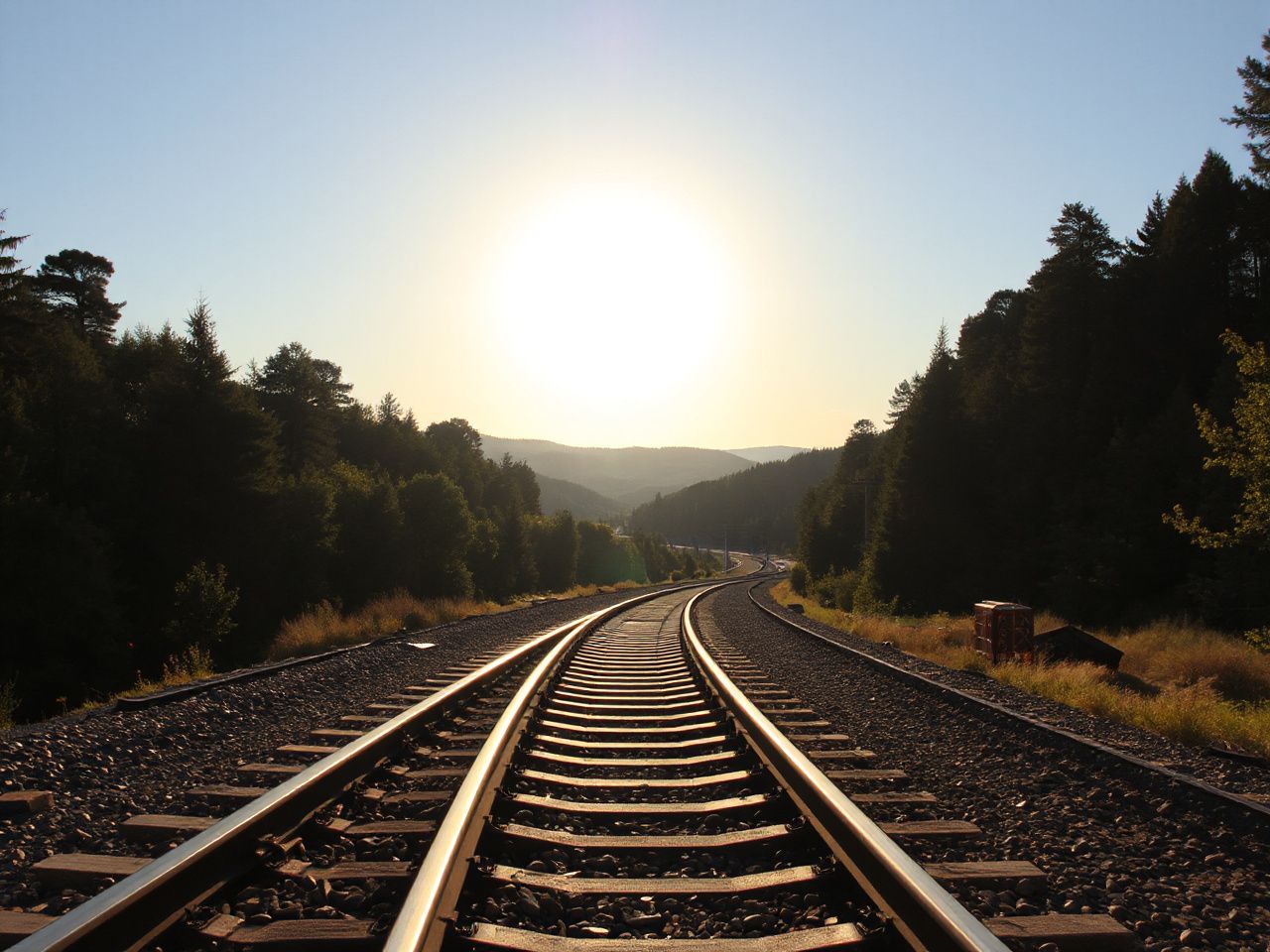 Sunlit railway tracks winding through a forested area with distant hills under a clear sky