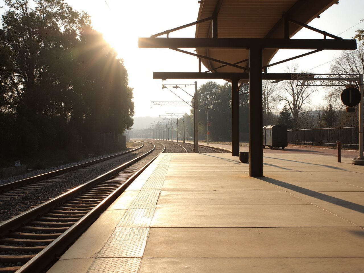 Quiet train platform bathed in morning light, with tracks stretching toward a distant tree-lined horizon