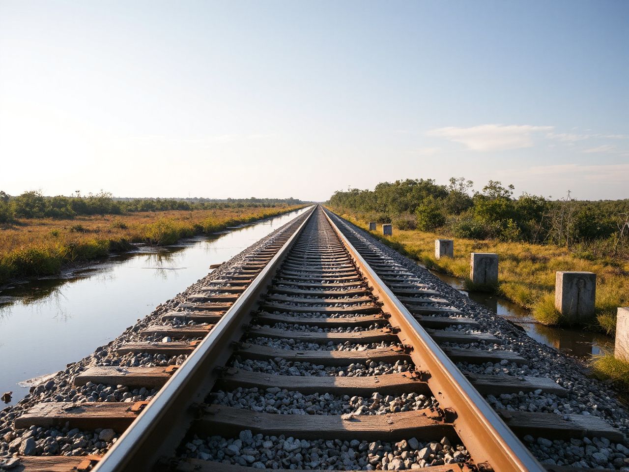 Quiet train tracks stretching through a sunny Florida wetland, illustrating the lack of a direct route