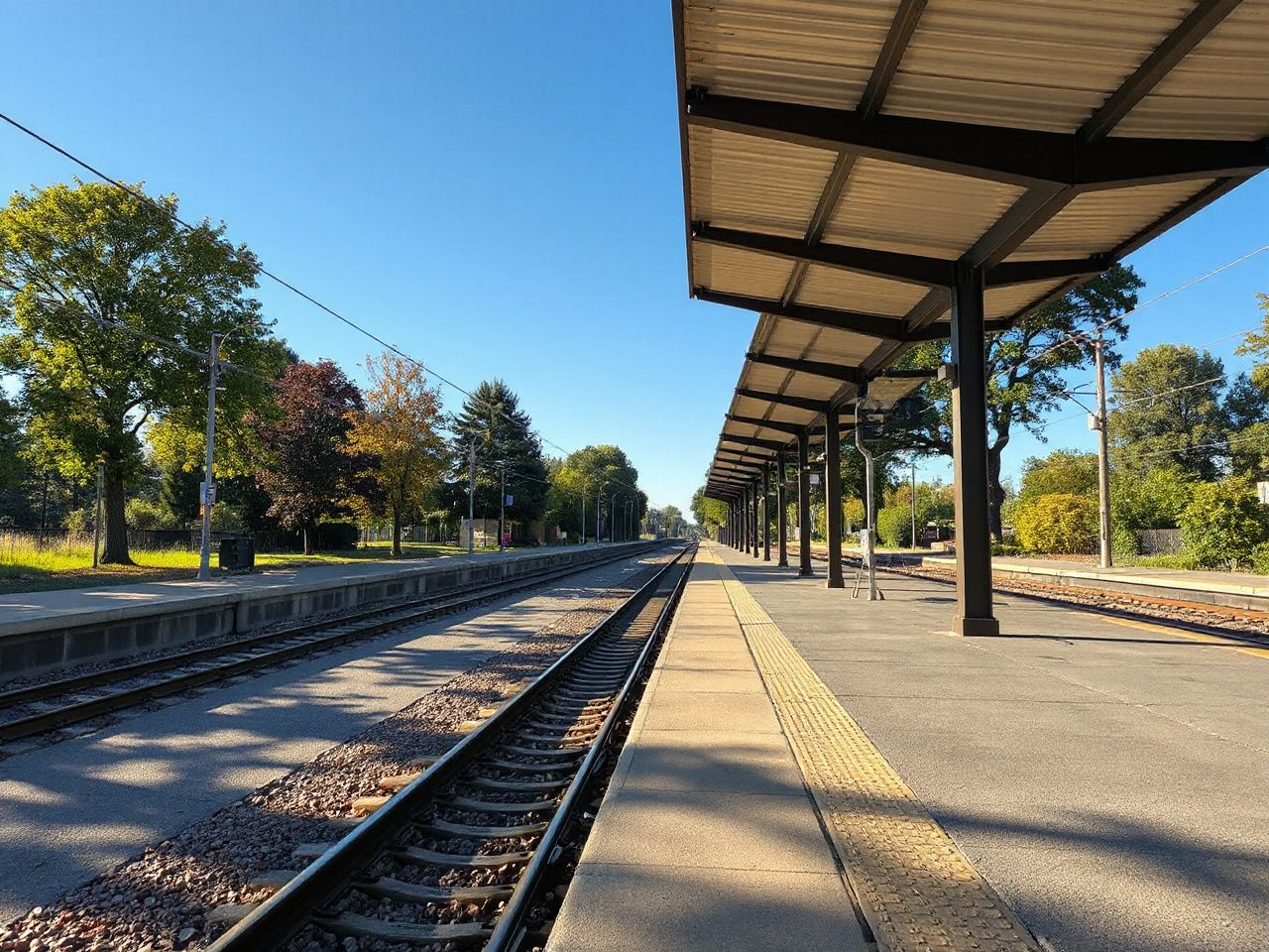 Sunlit train station platform with benches and overhead canopy, surrounded by trees and clear blue sky