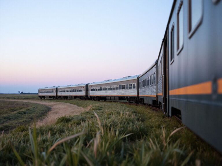 A long passenger train crossing open prairie grassland at dusk, seen from far away