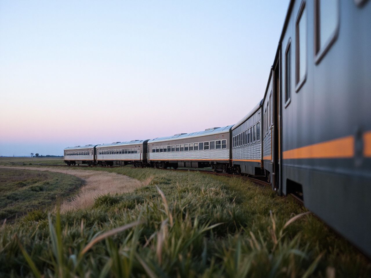 A long passenger train crossing open prairie grassland at dusk, seen from far away