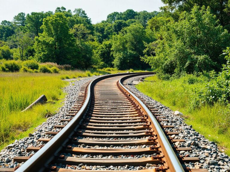 Sunlit train tracks curve gently through lush green marshlands near the Outer Banks shoreline