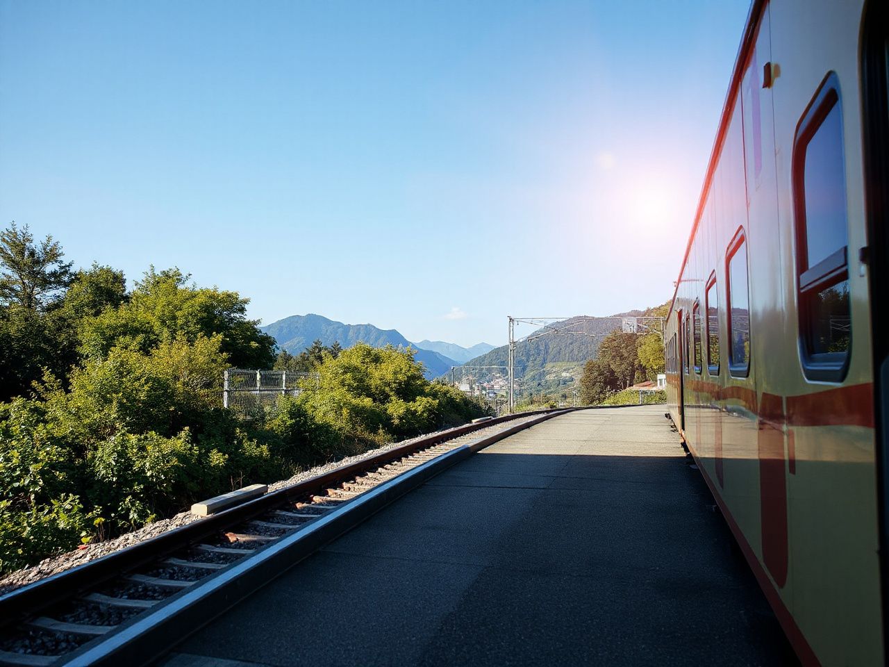 A sunlit train platform with distant mountains and lush greenery under a clear blue sky