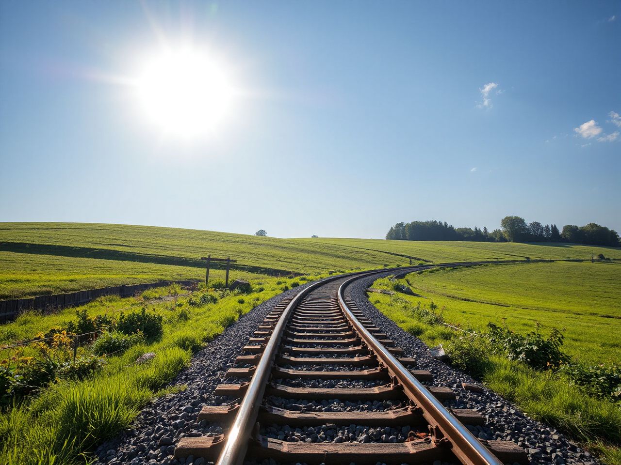 Sunlit train tracks curving gently through lush green fields under a bright blue sky