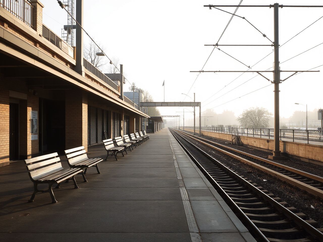 A quiet train station platform bathed in morning light, with empty benches and distant tracks stretching forward