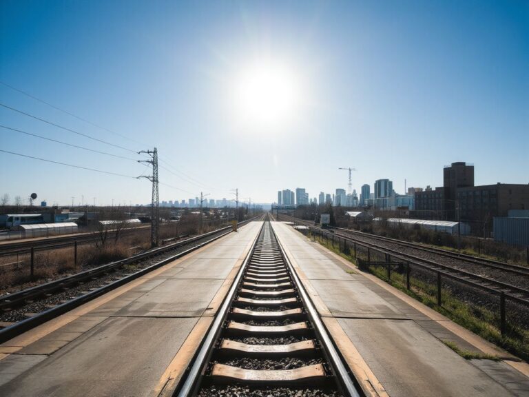 A sunlit train platform with distant tracks stretching toward a vibrant city skyline under clear skies