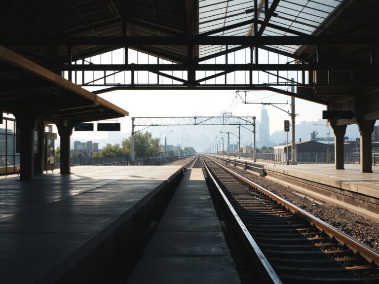 A quiet train station platform bathed in morning light, with tracks stretching toward a distant city skyline