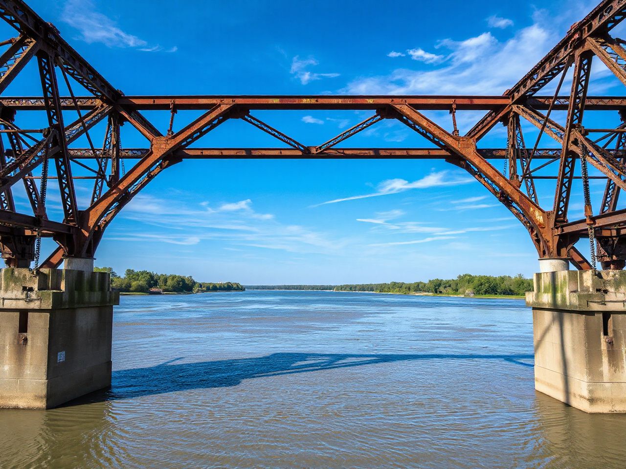 A weathered steel railroad bridge arches over a wide river under a bright blue sky