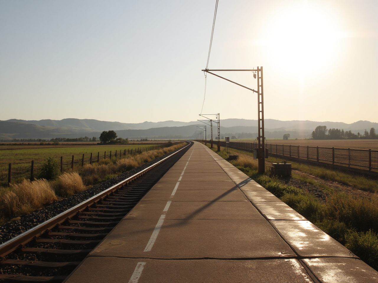 A quiet rural train platform bathed in morning sunlight, surrounded by open fields and distant hills