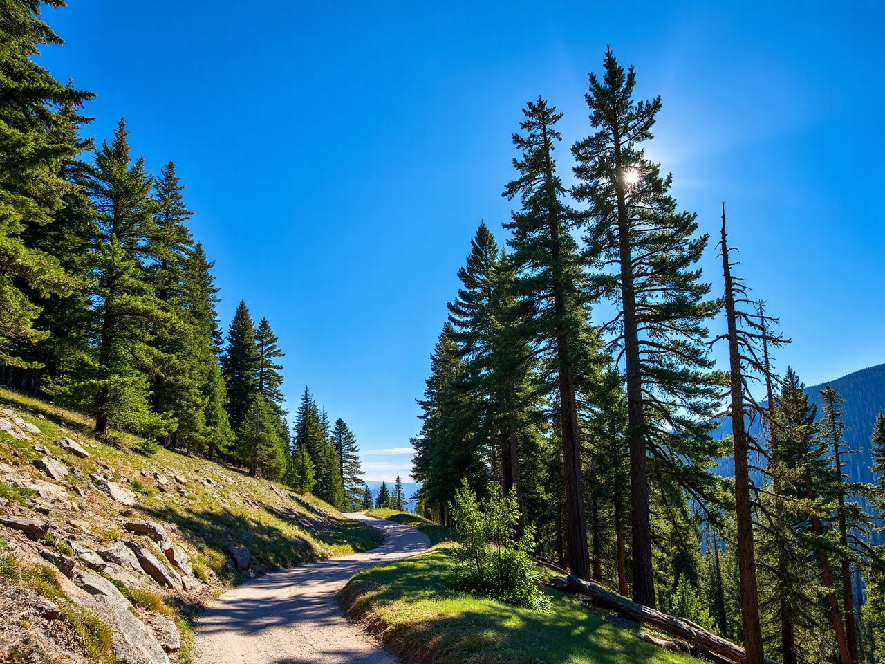 A winding mountain trail surrounded by towering pine trees under a bright blue sky