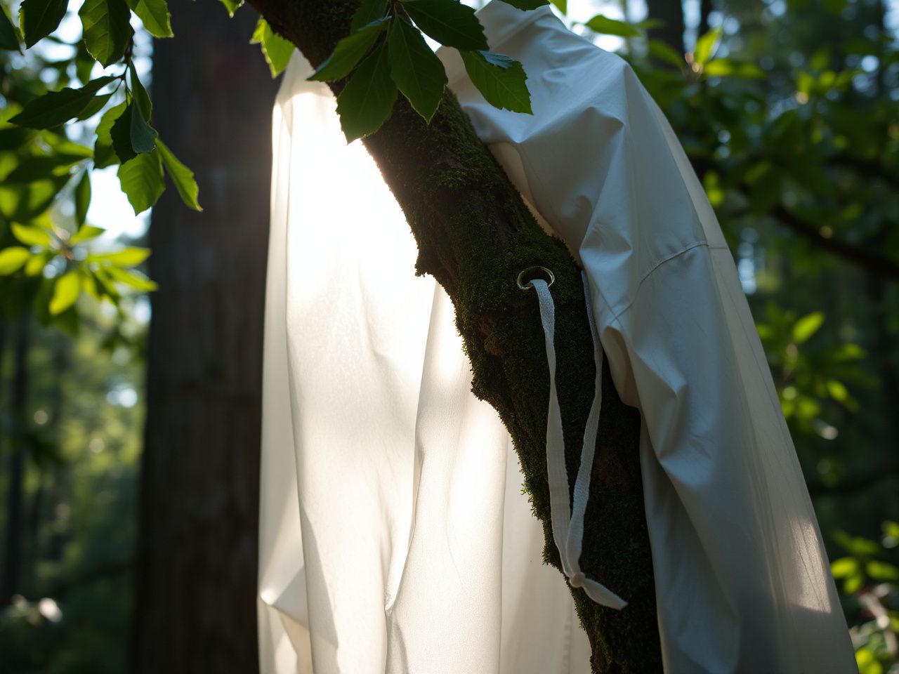 Close-up of a translucent rain jacket draped over a mossy forest branch, sunlight filtering through leaves