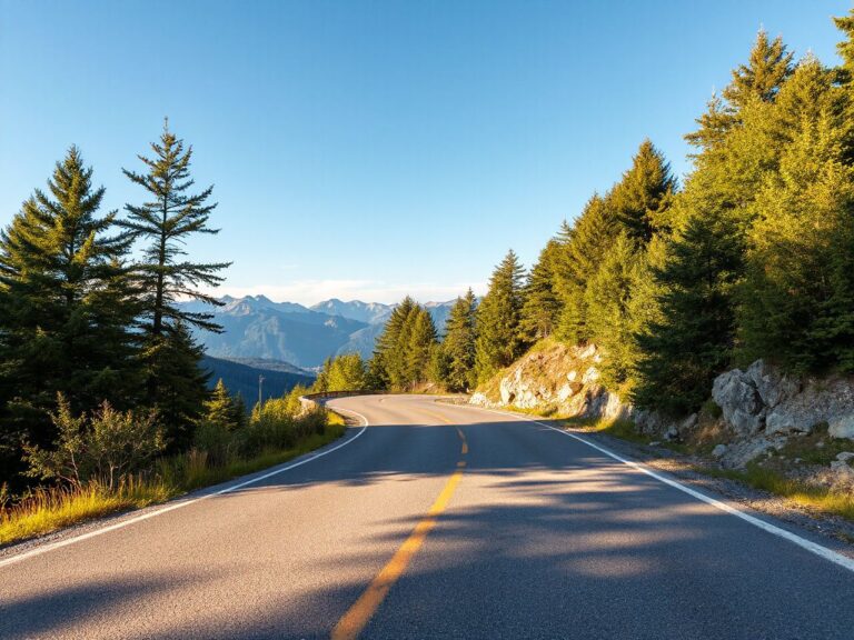 A winding mountain road bathed in sunlight, surrounded by lush green trees and distant peaks under a clear blue sky