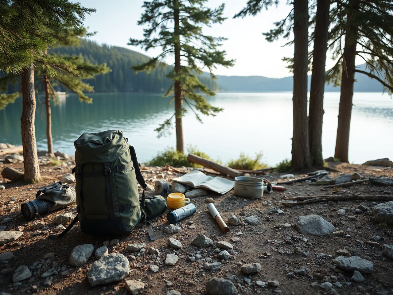 A rugged campsite beside a calm lake, featuring a sturdy backpack and scattered gear on rocky ground near tall pine trees