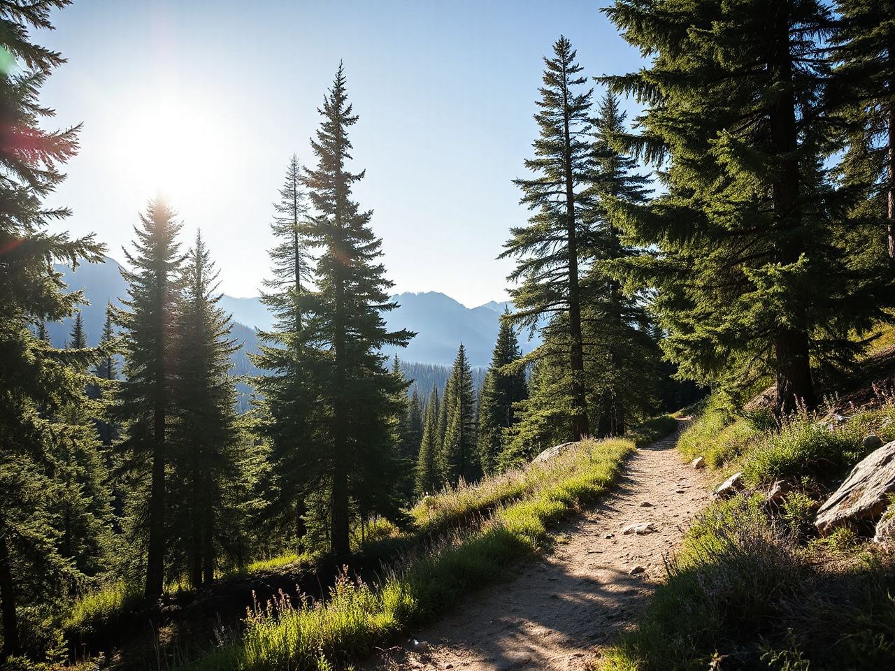 Sunlit mountain trail winding through evergreen trees, highlighting natural fibers ideal for merino wool clothing