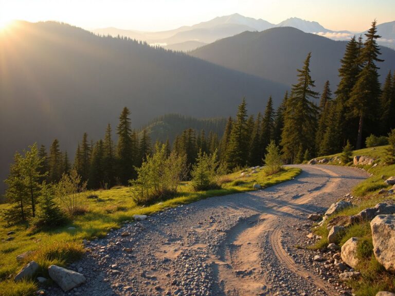 A winding mountain trail bathed in morning light, surrounded by lush green trees and distant peaks