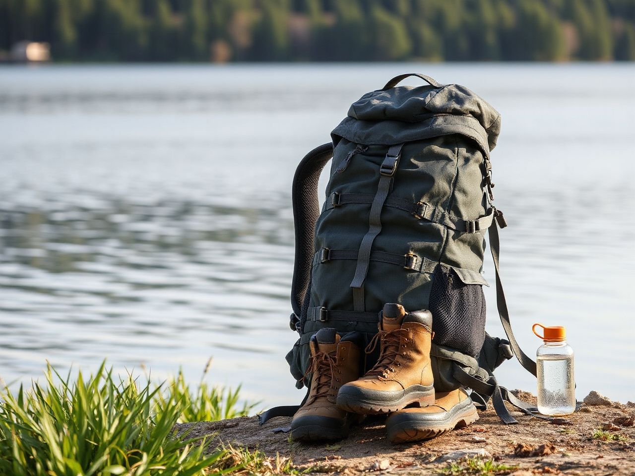 A neatly packed backpack resting beside a calm lakeshore, with hiking boots and a water bottle nearby