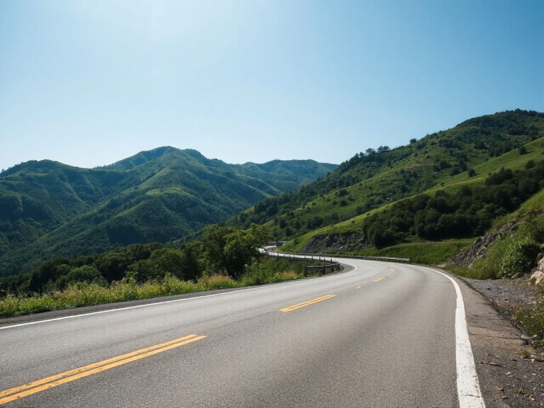 A scenic mountain road winding through lush green hills under a bright blue sky in South Korea