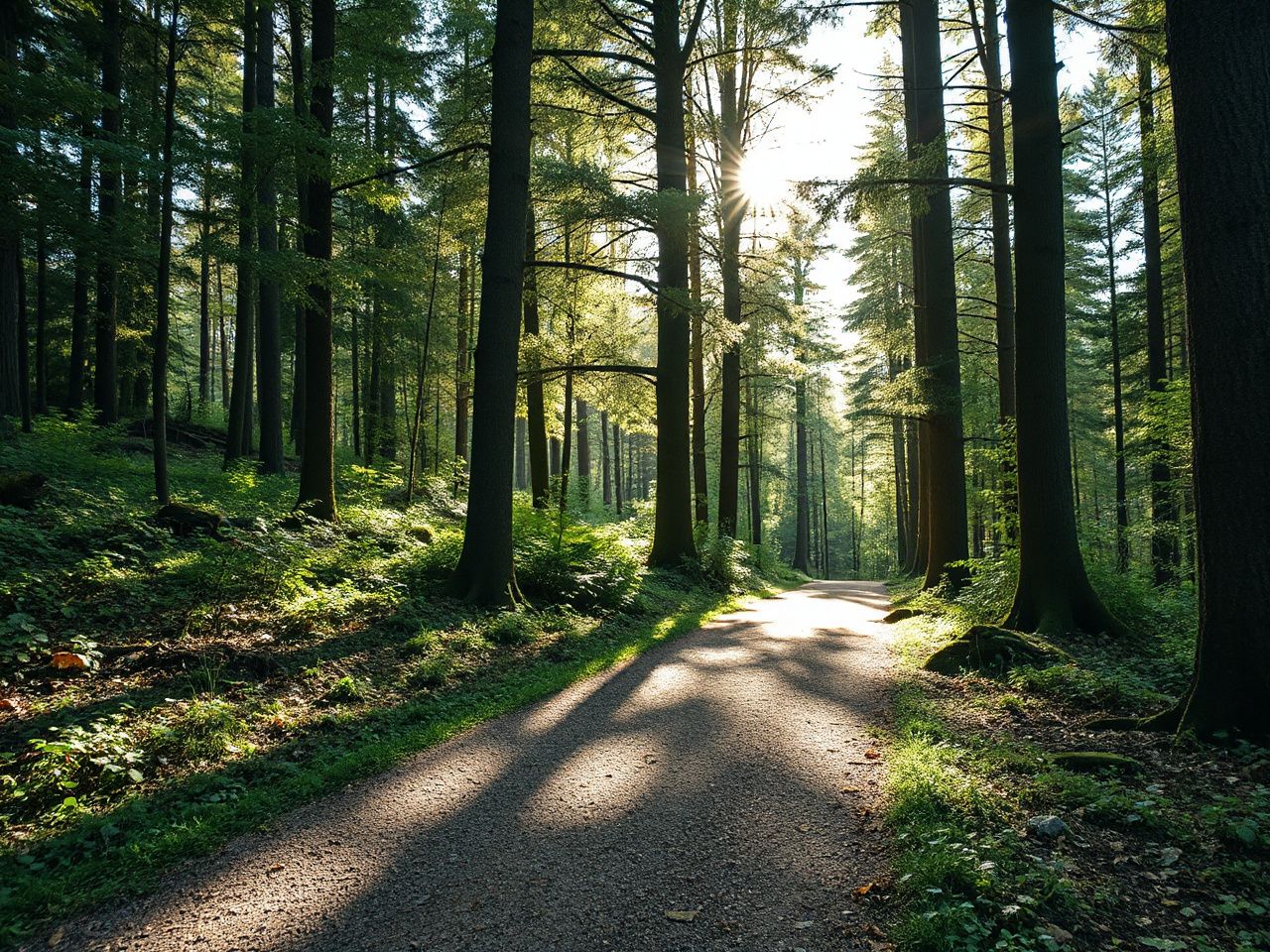 A peaceful forest trail with sunlight filtering through tall trees, illustrating outdoor safety and coverage
