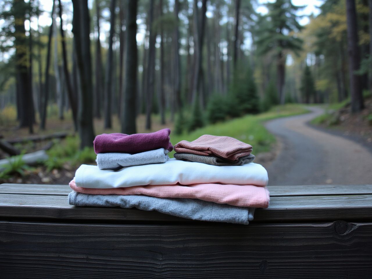 Layered clothing neatly folded on a weathered wooden bench beside a forest hiking trail under soft daylight