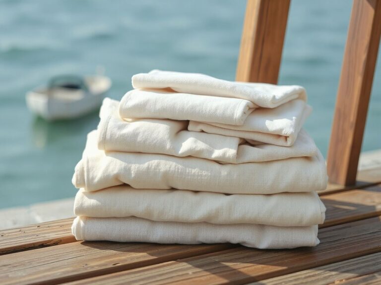 A neatly folded stack of plain linen travel clothes in soft neutral colours on a wooden bench by the sea