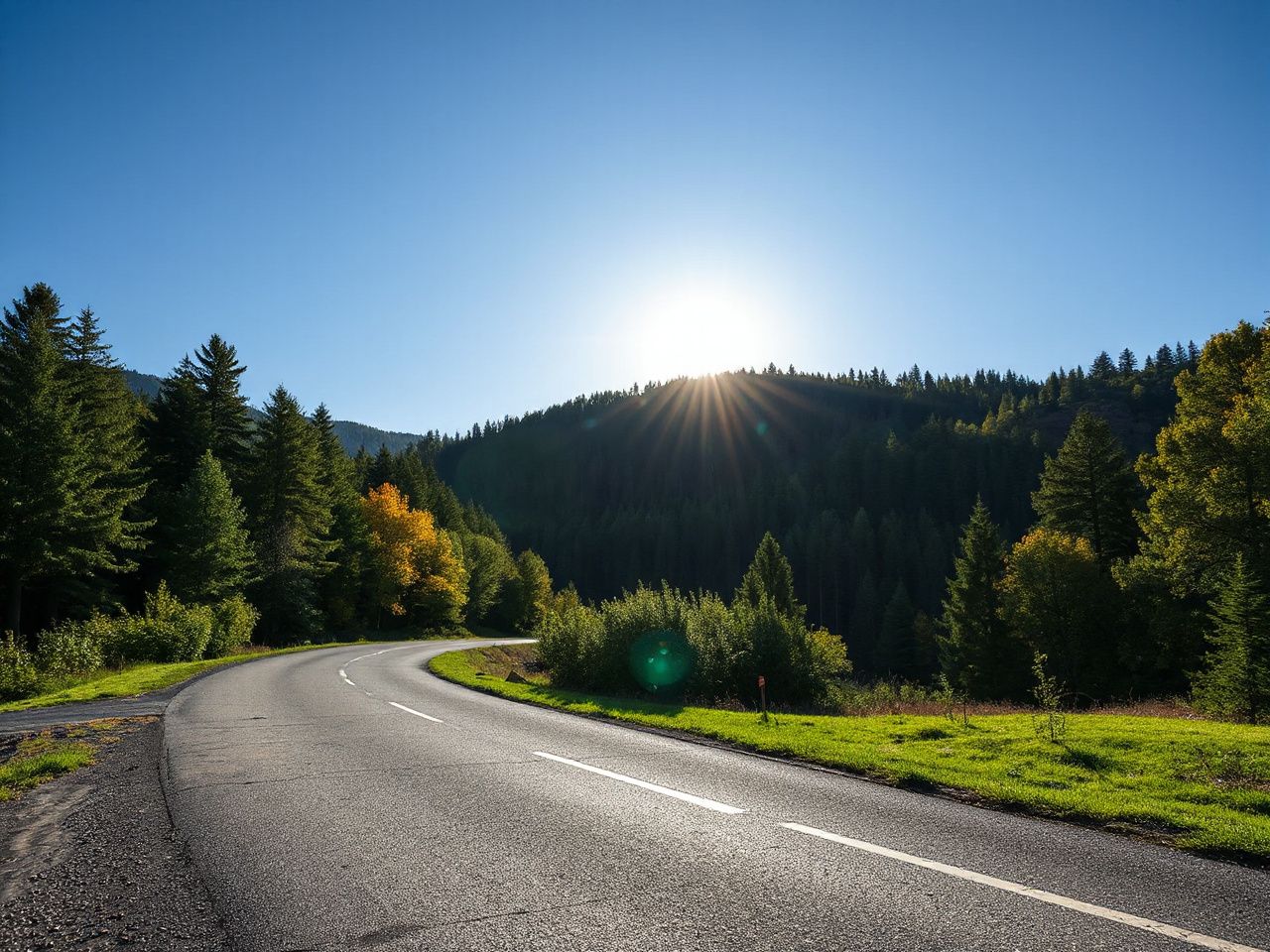 Sunlit mountain road winding through lush green forests under a clear blue sky at midday