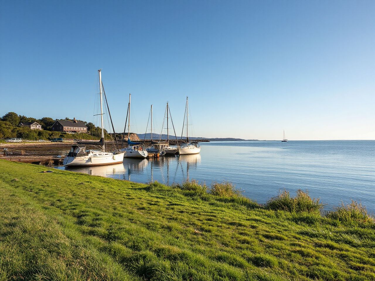 Quiet harbor with moored boats viewed from a grassy shoreline, calm water reflecting daylight