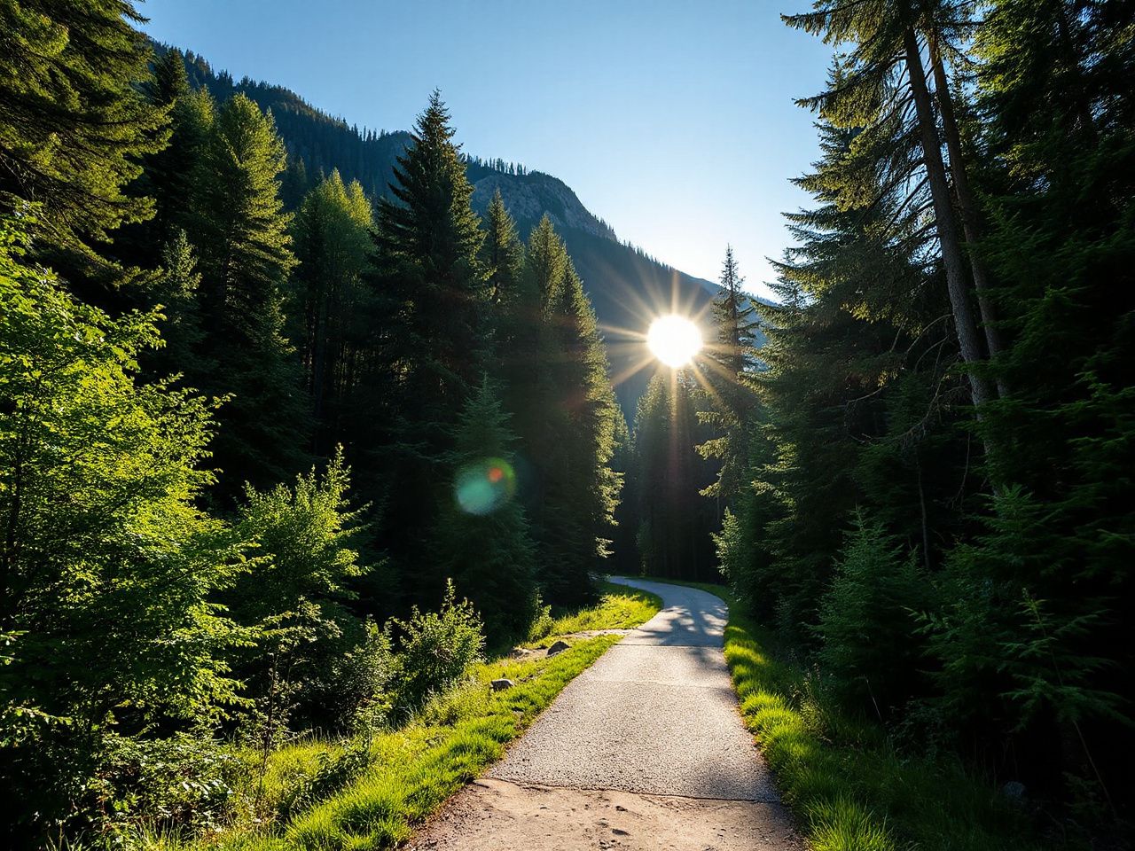 Sunlit mountain trail winding through dense green forest under a clear blue sky