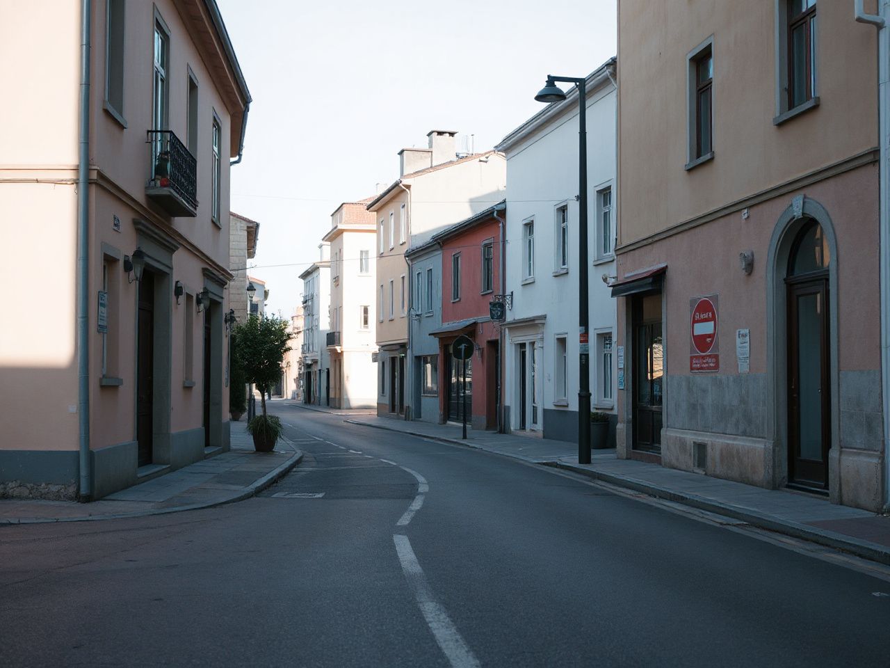 Quiet town street with neutral-colored buildings and subtle shadows in mid-afternoon light