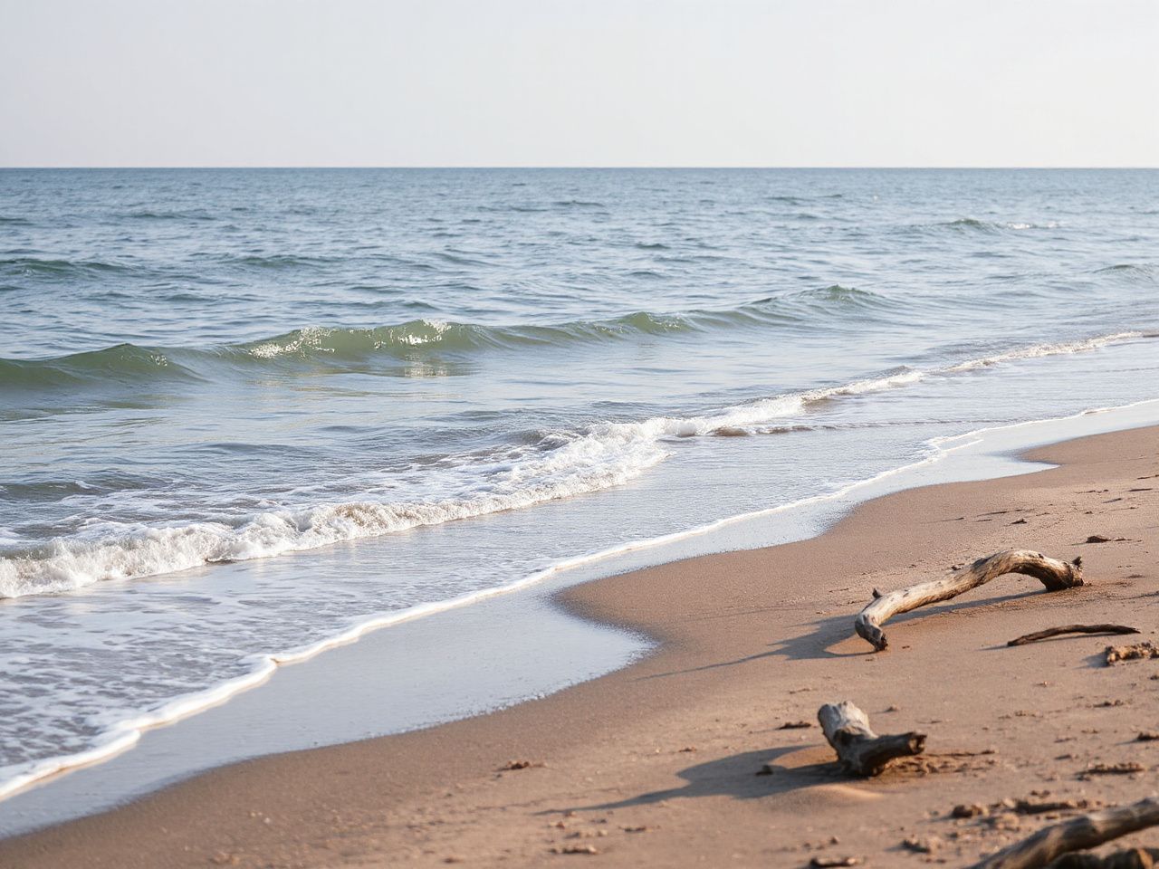 Secluded beach shoreline with gentle waves and scattered driftwood under soft daylight