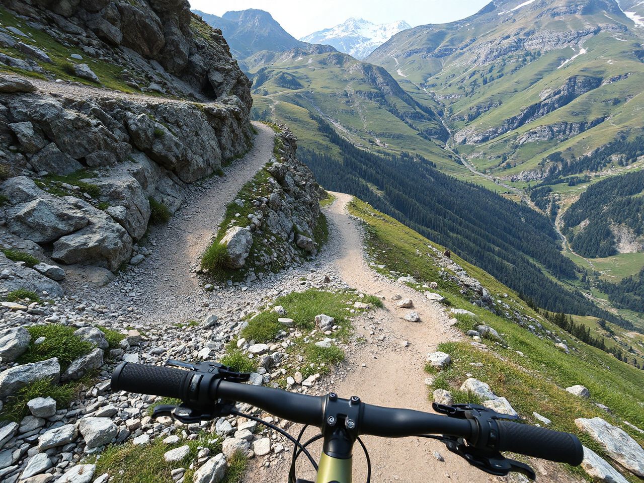 A rugged mountain bike trail winding down a rocky hillside in a green alpine valley