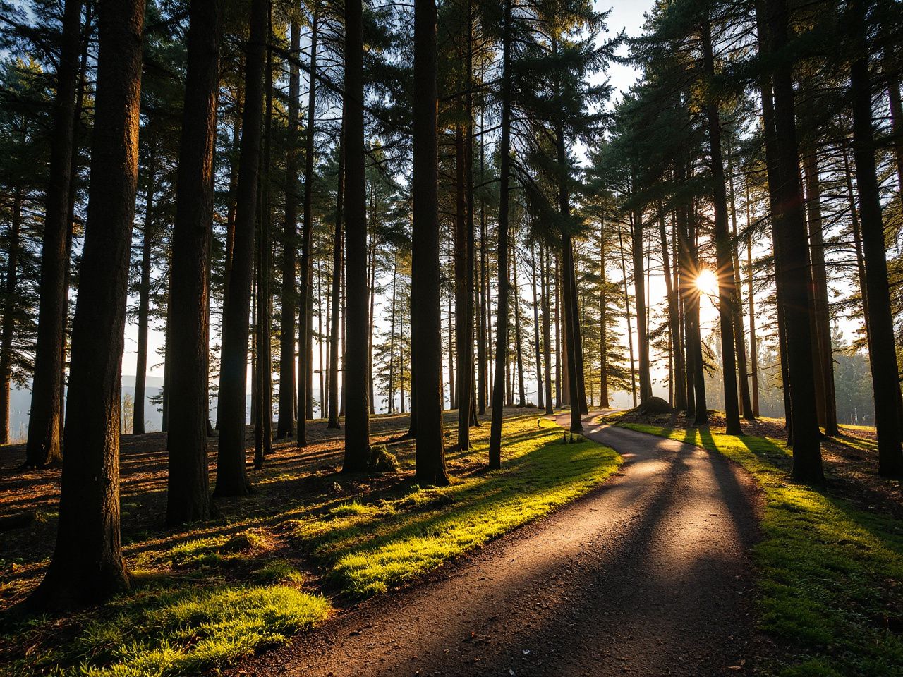 A sunlit forest trail winding through tall trees, inviting exploration and connection with nature