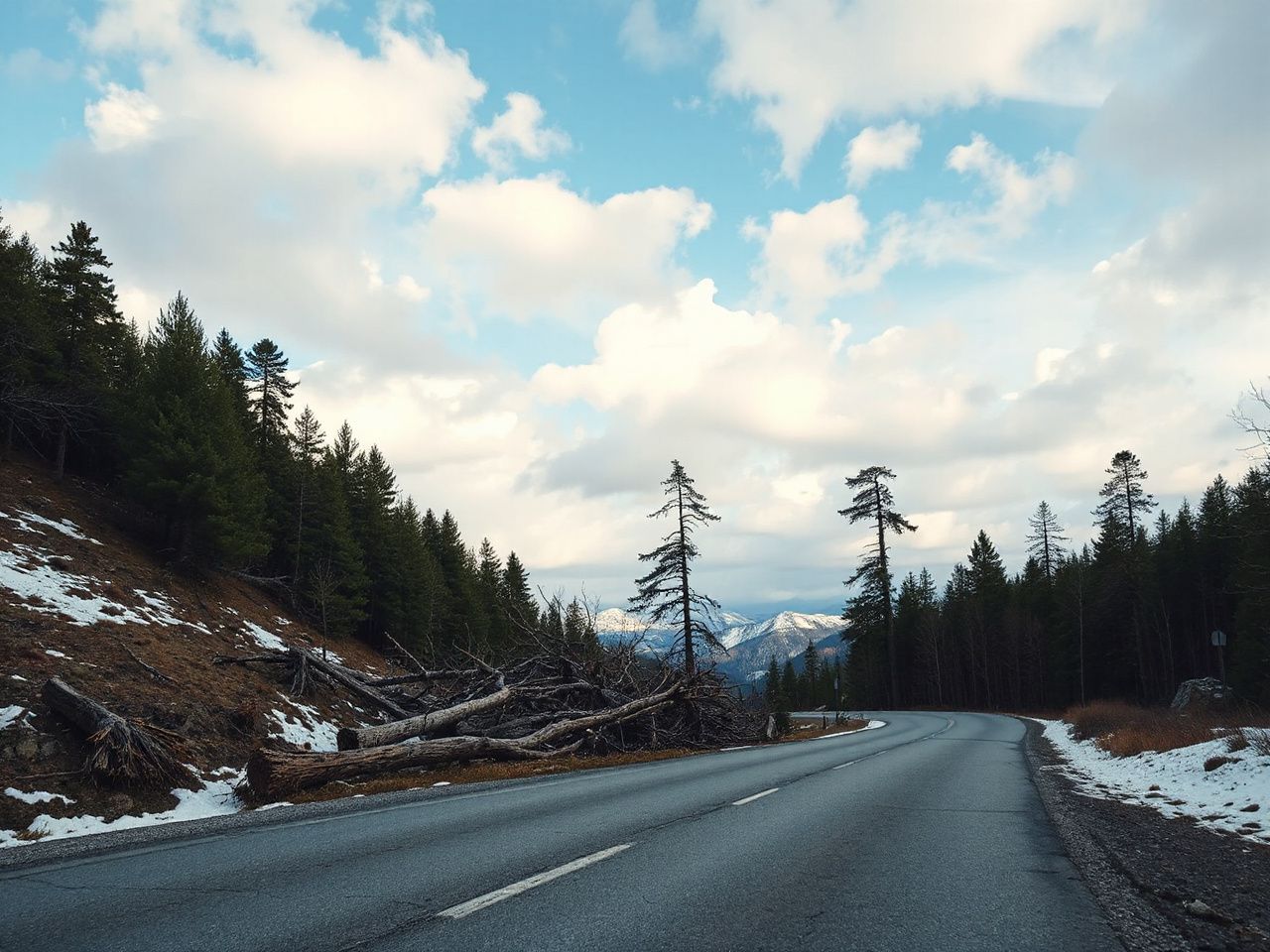 A winding mountain road blocked by fallen trees under a cloudy winter sky during daylight