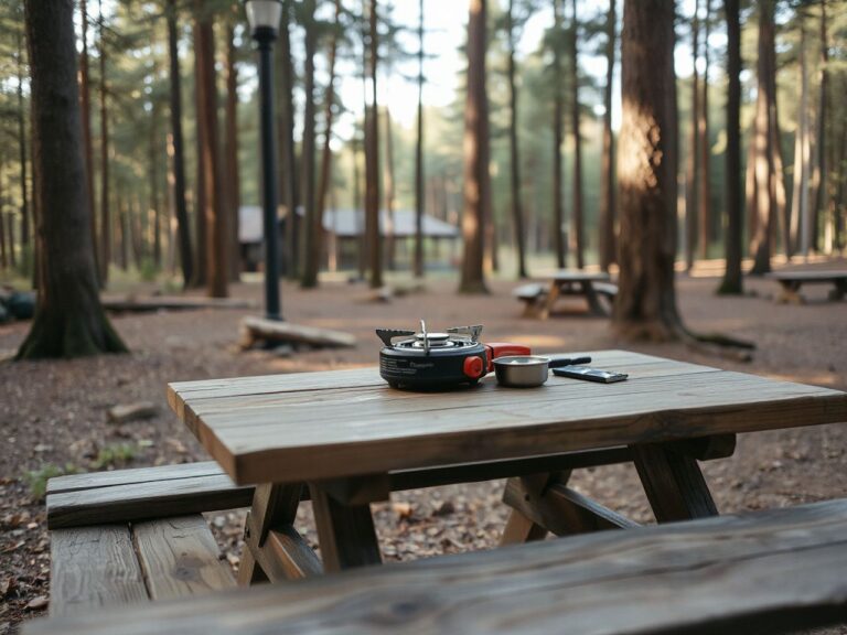 A serene forest campsite with a compact two-burner camp stove set up on a rustic wooden picnic table