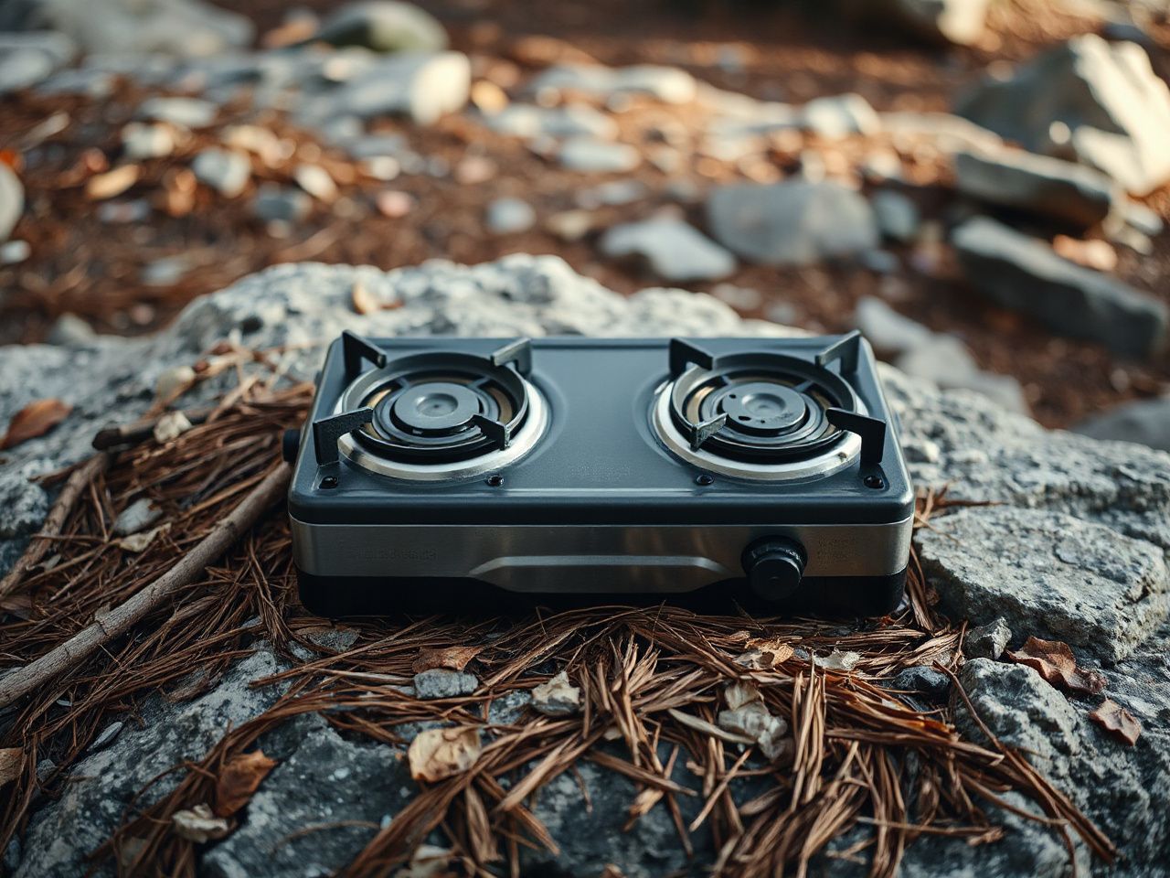Close-up of a two-burner camp stove on a rocky outcrop, surrounded by pine needles and scattered dry leaves