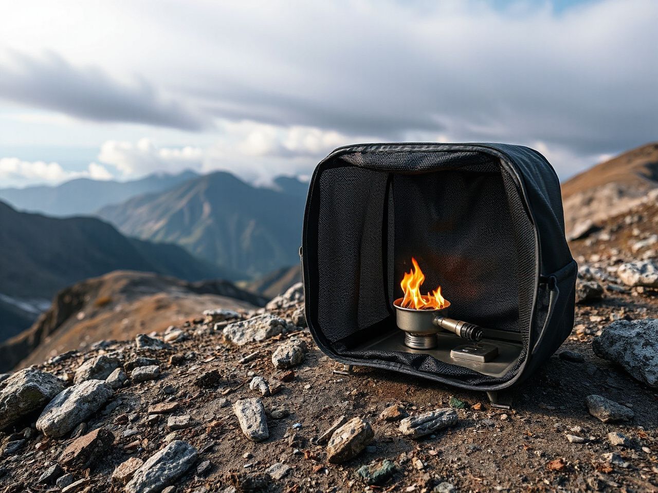 A windy mountain ridge with a portable windscreen partially enclosing a camp stove, flames flickering steadily