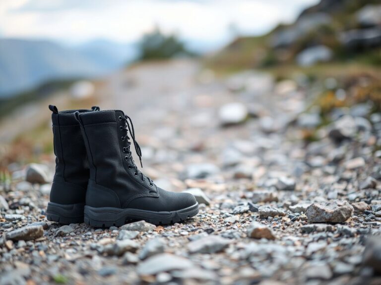 A pair of plain black tactical boots standing on a rocky trail