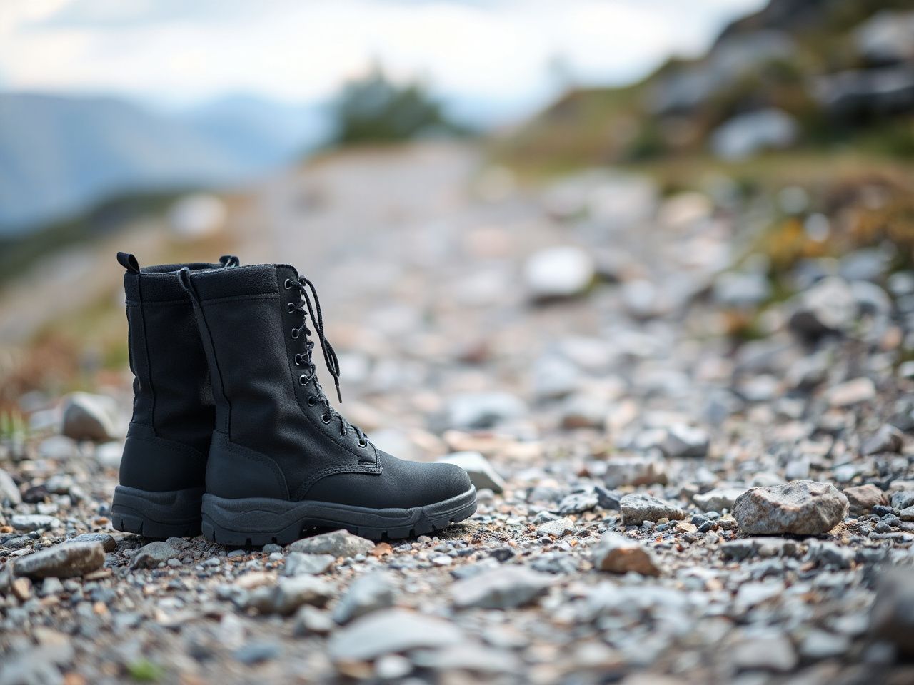 A pair of plain black tactical boots standing on a rocky trail