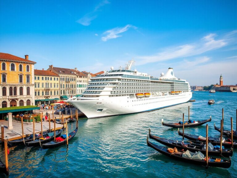 A large cruise ship docked at a bustling Venetian harbor under a clear blue sky, with gondolas nearby