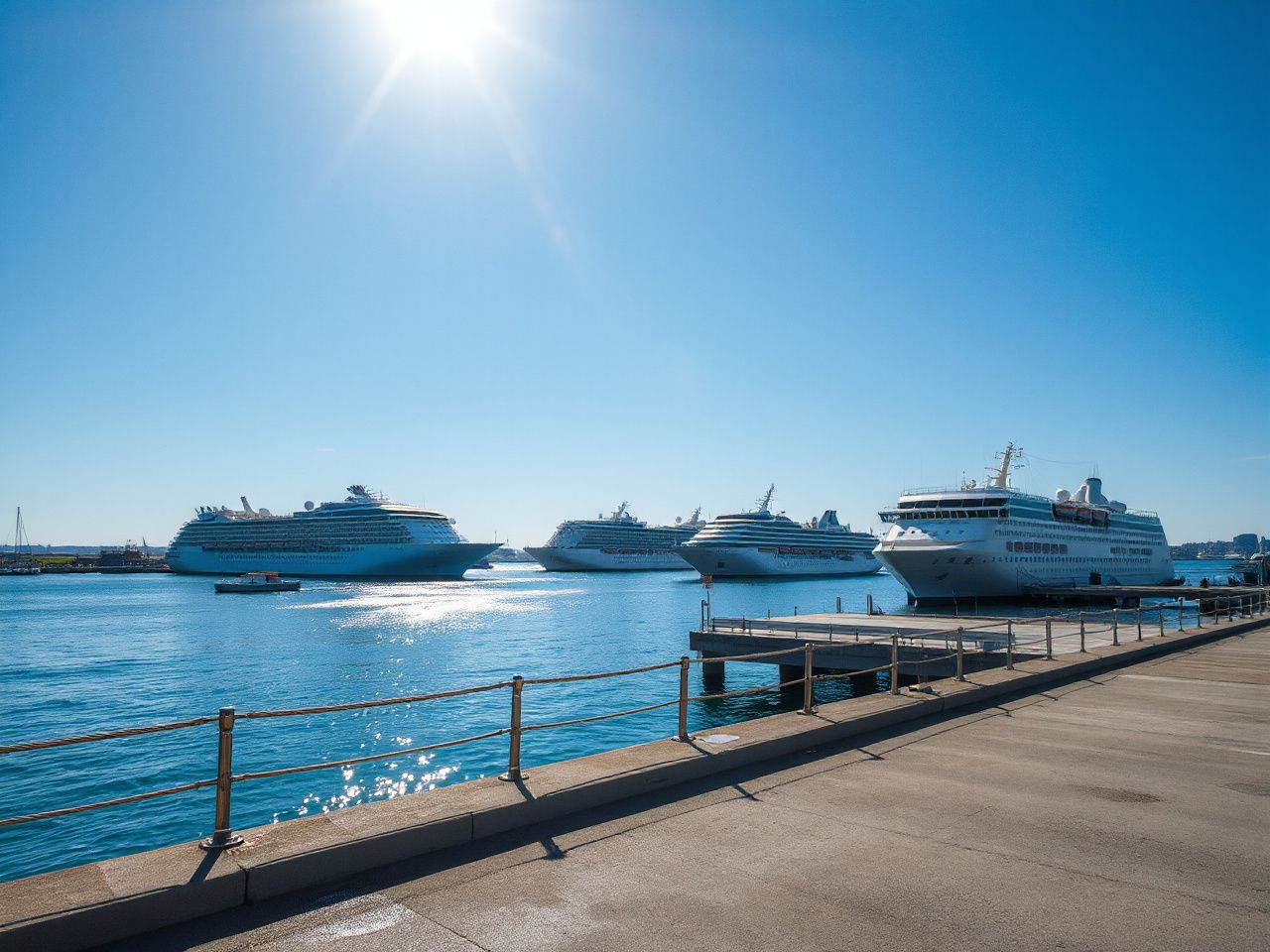 A sunlit harbor with moored cruise ships viewed from a nearby pier under a clear blue sky