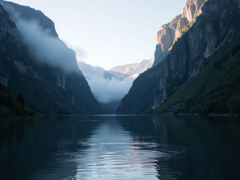 Misty fjord at dawn with towering cliffs and calm water reflecting the soft morning light