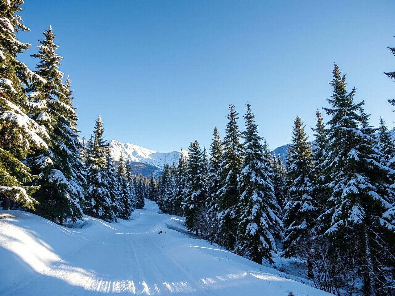 Snow-dusted mountain trail winding through dense pine forest under a clear blue winter sky