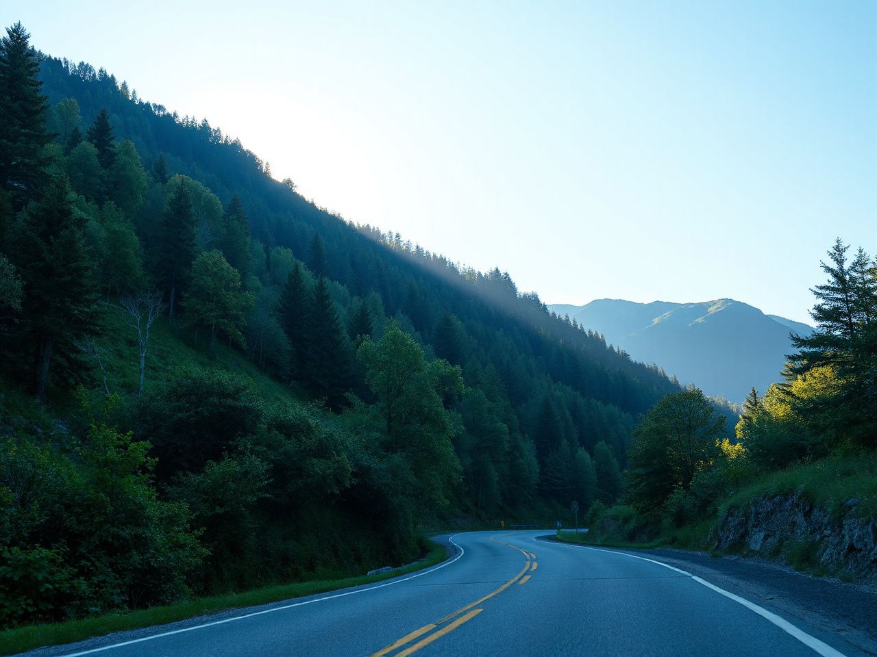 Sunlit mountain road winding through lush green forests under a clear blue sky