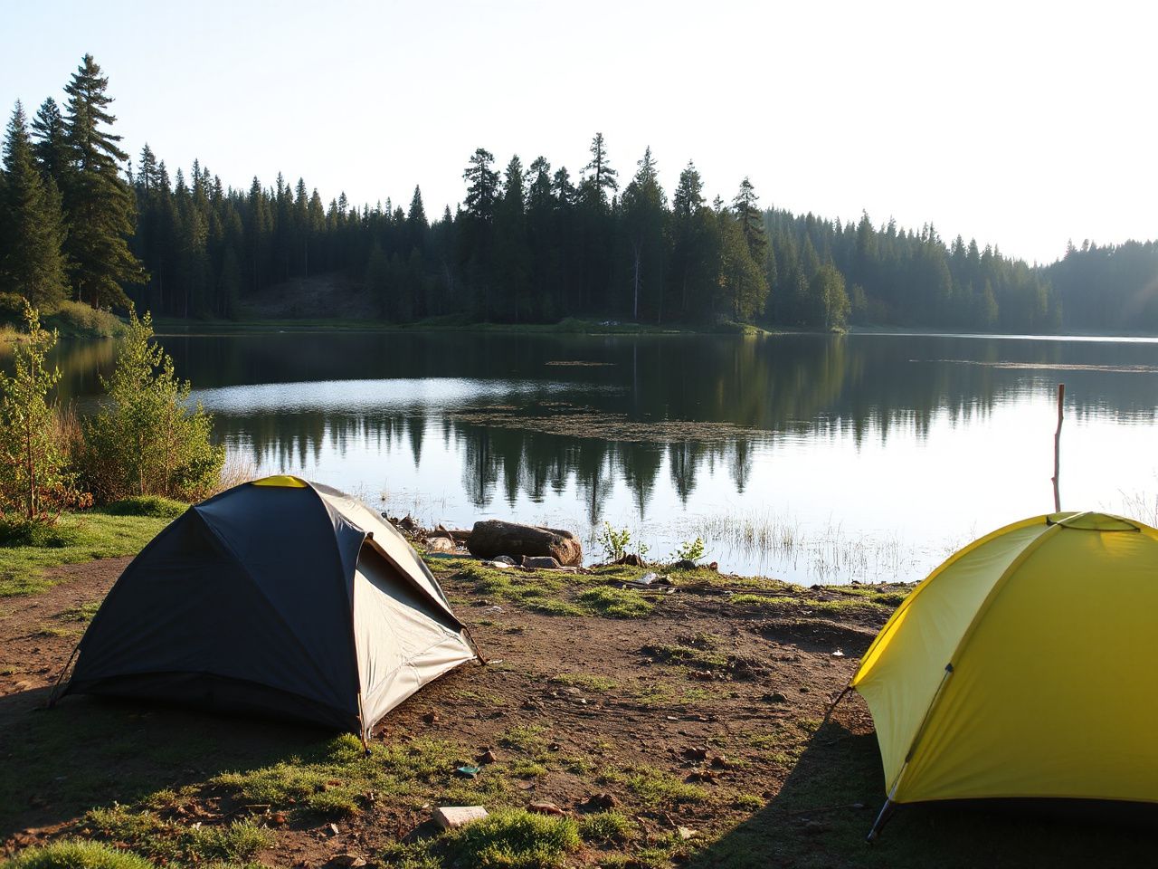 Serene lakeside campsite with tents pitched near calm water reflecting surrounding trees