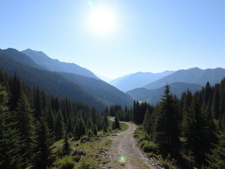 A sunlit mountain trail winding through lush green forests under a clear blue sky