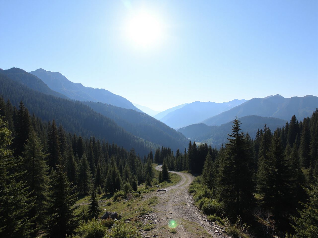 A sunlit mountain trail winding through lush green forests under a clear blue sky